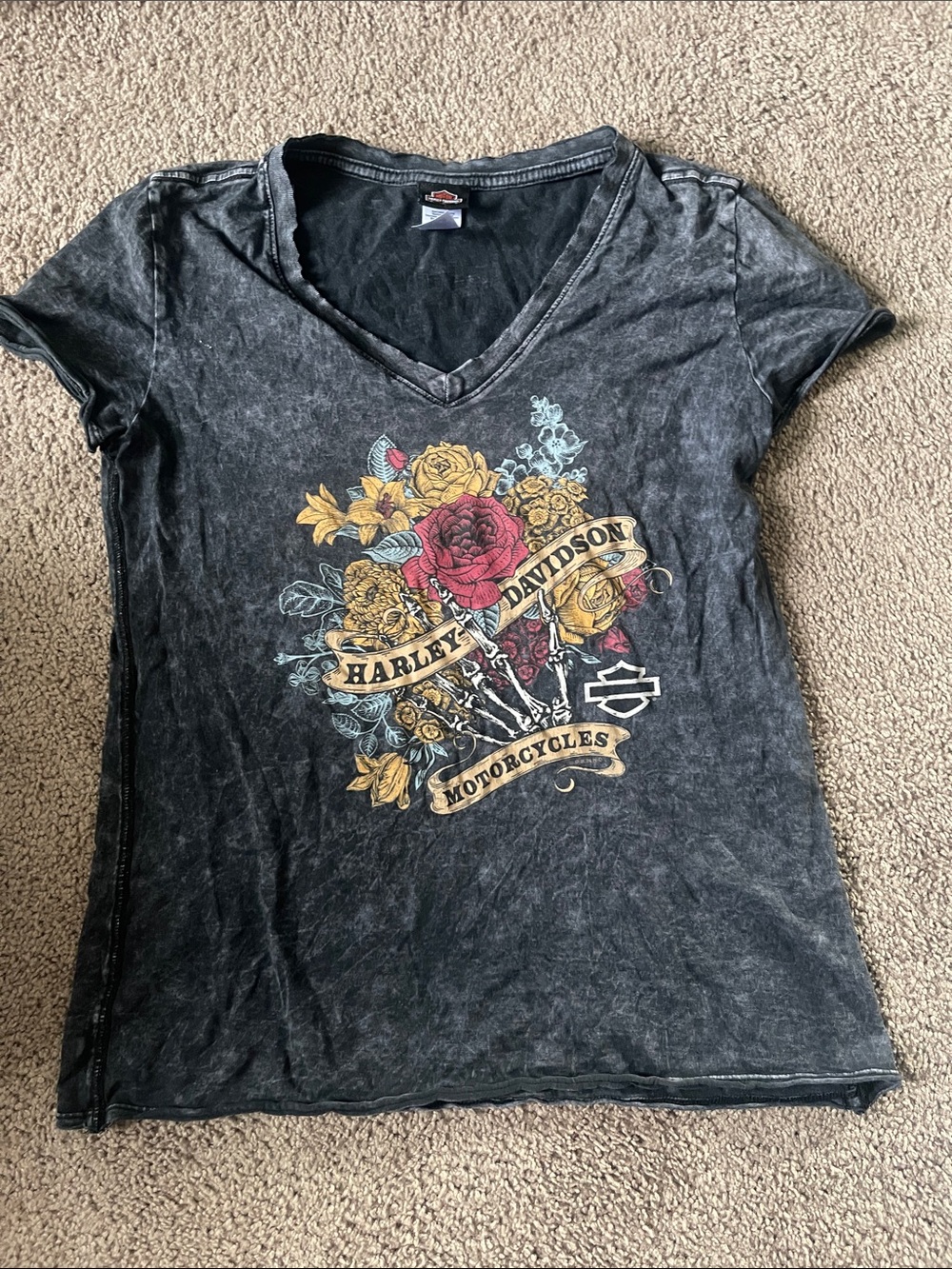 Harley-Davidson Women's Black Floral Logo V-Neck Tee Medium